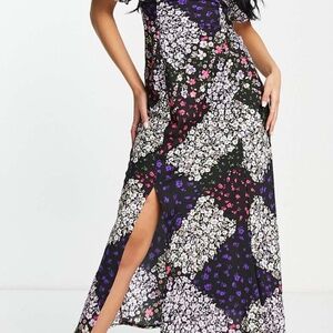 Violet Romance Puff Sleeve Patchwork Floral print midi dress